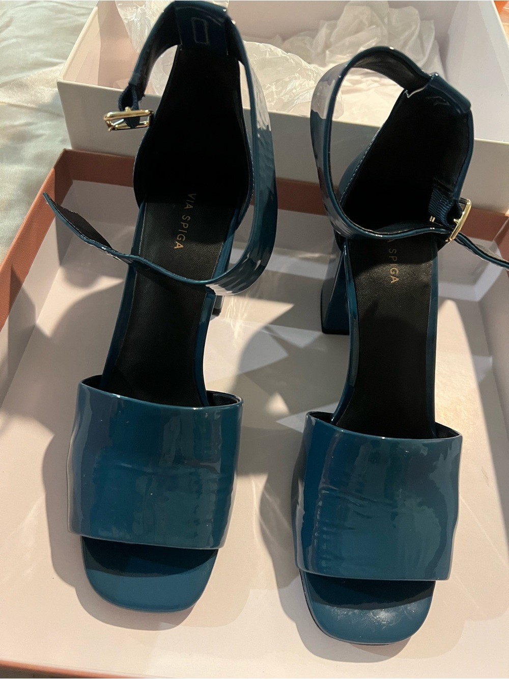 Via Spiga Teal Patent Block Heel Sandals with Ankle Strap